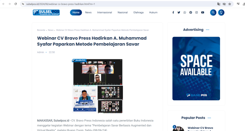 Webinar CV Bravo Press Hadirkan A. Muhammad Syafar Paparkan Metode Pembelajaran Savar